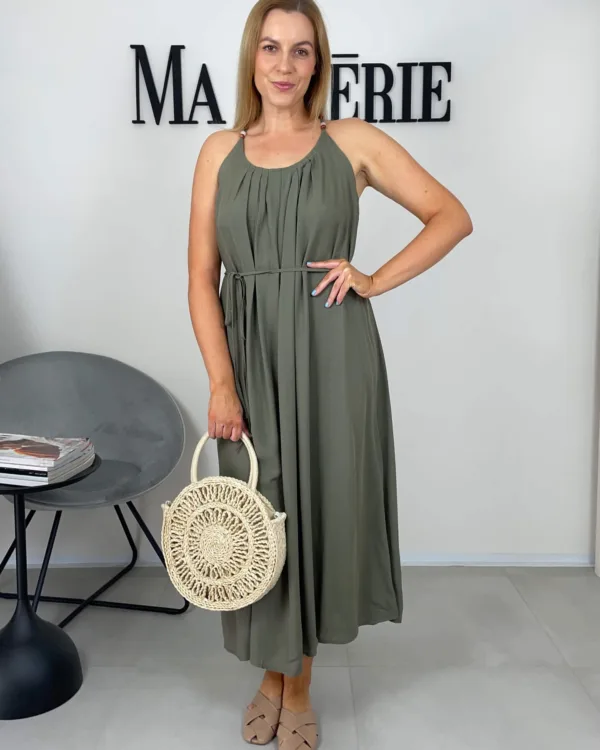 Dlouhé viskózové khaki šaty na ramínka - Obrázek 3