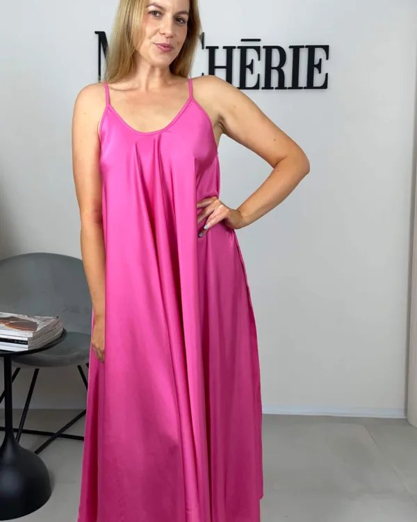 Dlouhé růžové lesklé šaty na ramínka - Obrázek 3